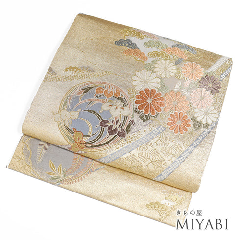 袋帯 リサイクル 帯丈432cm 六通 花丸柄 ゴールド Sサイズ 正絹 Sランク フォーマル セミフォーマル